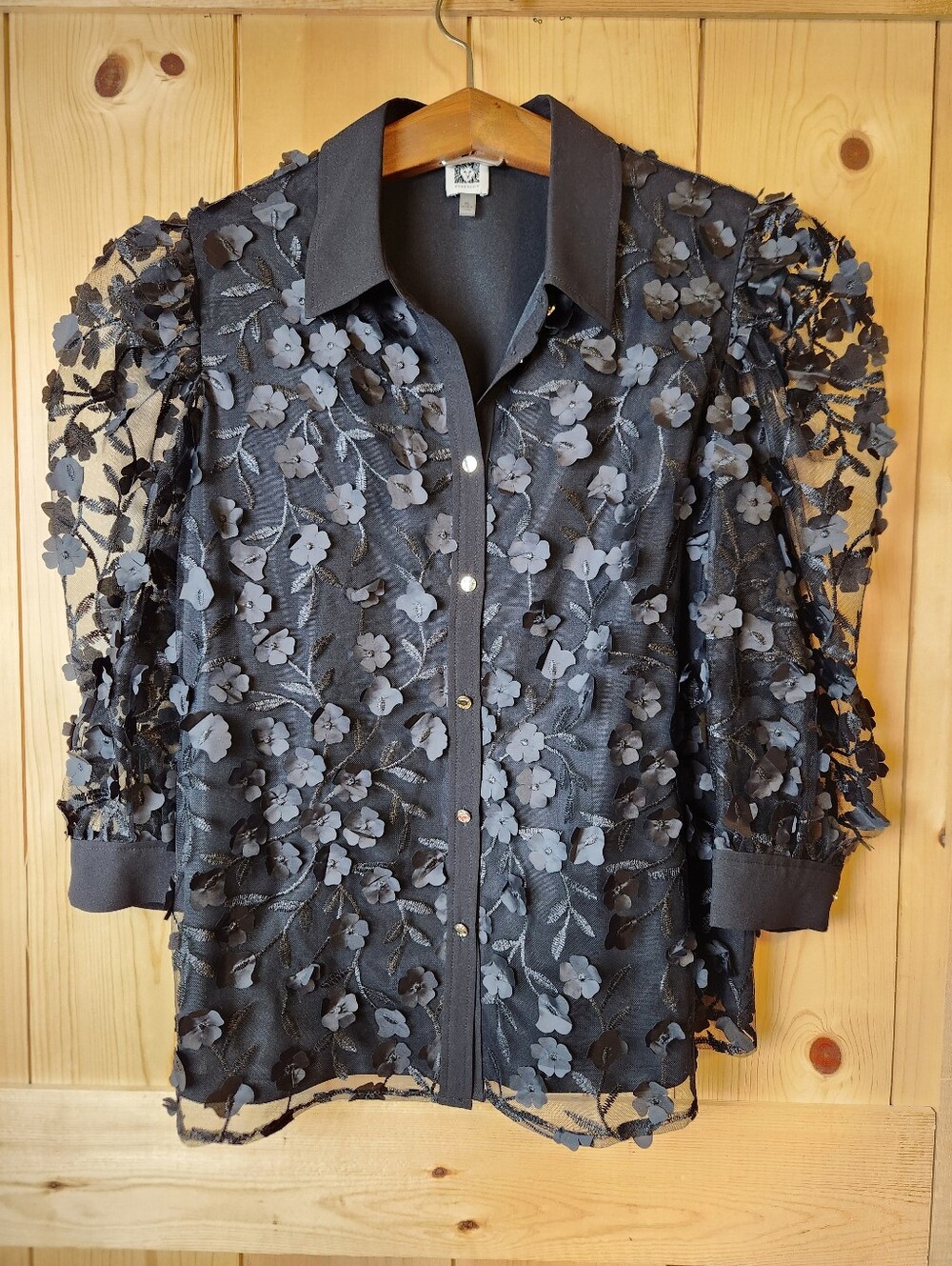Anne Klein Black 3/4 Sleeve Floral Applique Embroidered Tulle Button-Up Blouse